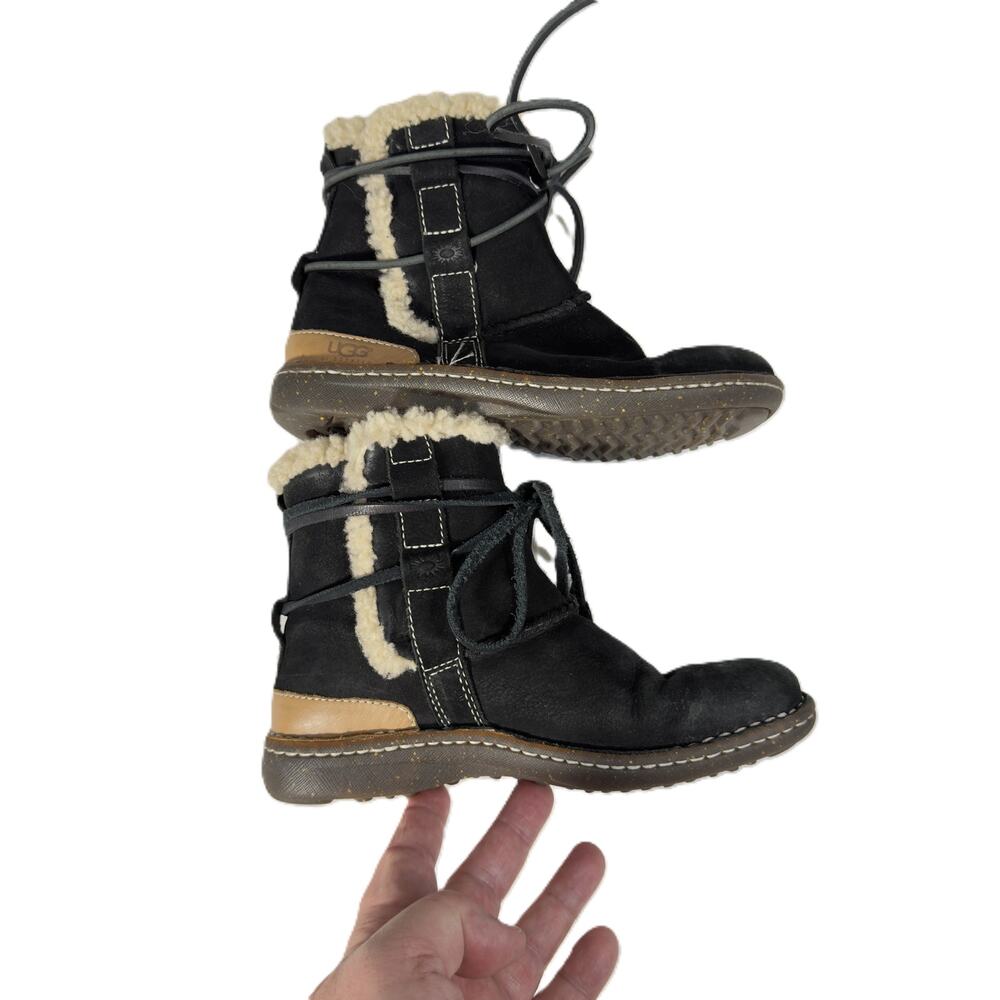 UGG Kids Black Shearling Lace Up Boots US 5 Youth EU 36 Winter Suede S/N 5587